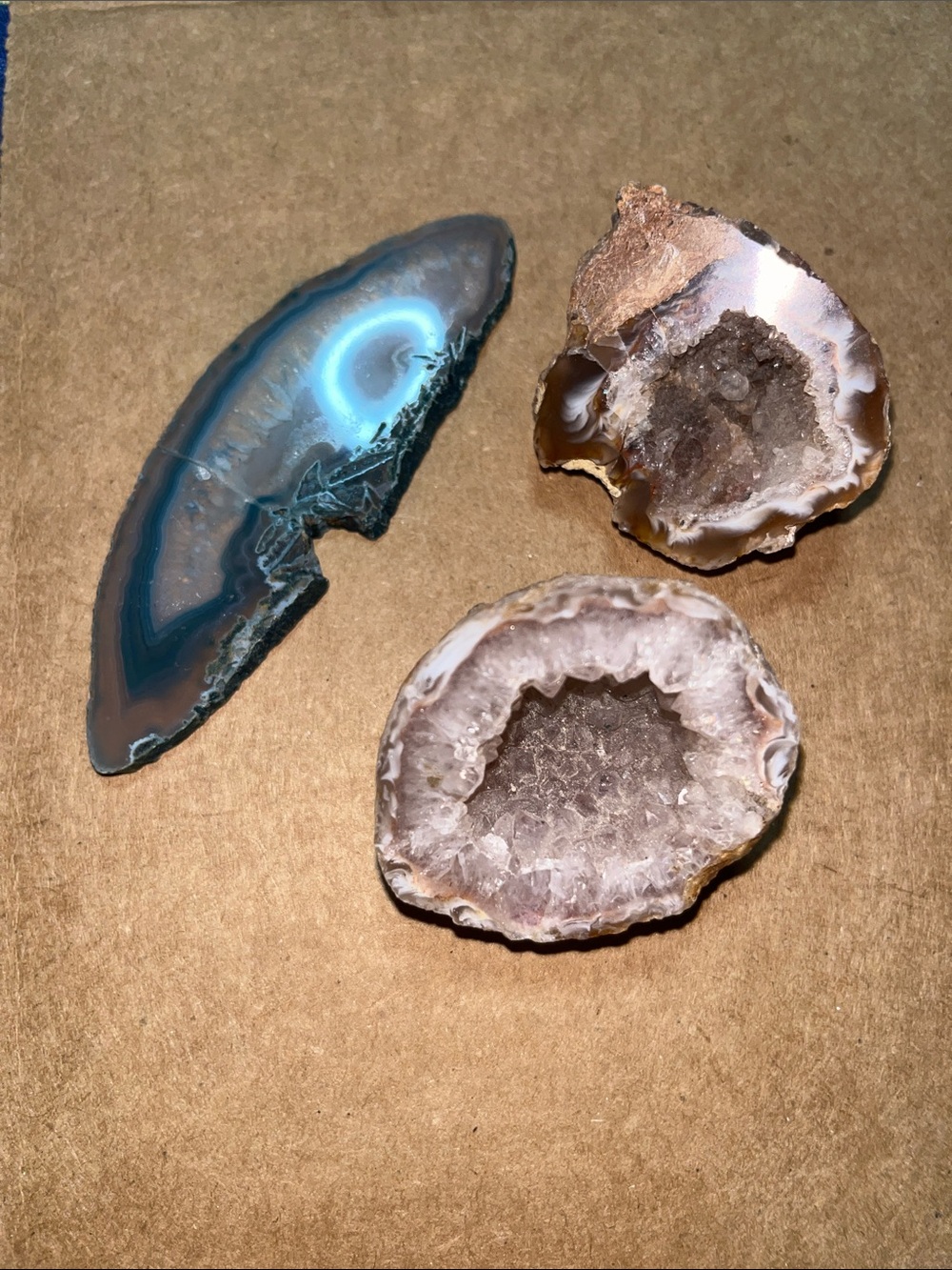 Agate Slice & Small Geode Trio - Blue, Gray, Cream